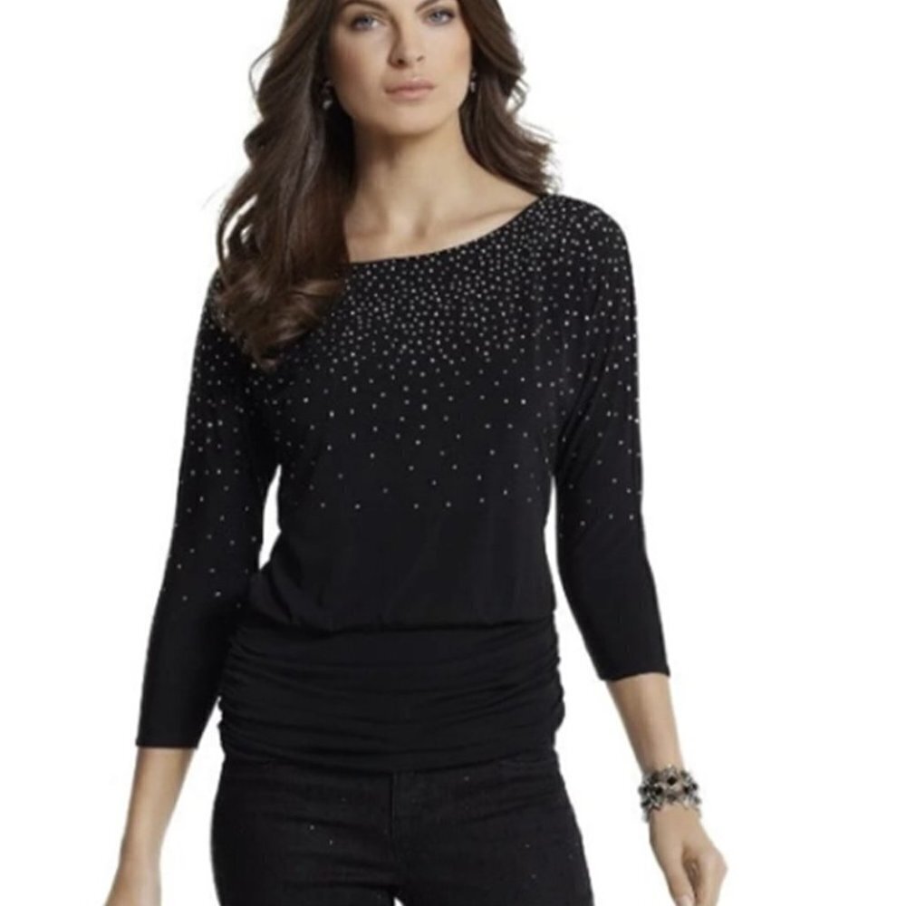 ❤️361 White House Black Market Silver Studded 3/4 Dolman Sleeve Black Ruched Top
